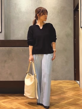 「Jena espace merveilleux（ジェナ　エスパスメルヴェイユ）の【春ニット】ギマライクカタアゼVニット（ニット/セーター、ブラック系）」を使った、monchankhさん（レディース・149cm）の春コーディネート