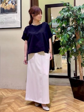 「Jena espace merveilleux（ジェナ　エスパスメルヴェイユ）の【新色登場】【サラサラ素材で涼しく着れる】ビッグ変形Tシャツ（Tシャツ/カットソー、ブラック系）」を使った、monchankhさん（レディース・149cm）の春コーディネート