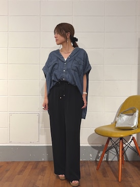 「Jena espace merveilleux(ジェナ エスパスメルヴェイユ)の【サラサラ半袖デニム】テンセルフレンチシャツ(シャツ/ブラウス、ブルー系)」を使った、monchankhさん(レディース・149cm)の夏コーディネート