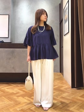 「Jena espace merveilleux(ジェナ エスパスメルヴェイユ)のペプラムブラウス(シャツ/ブラウス、ブルー系)」を使った、monchankhさん(レディース・149cm)の夏コーディネート