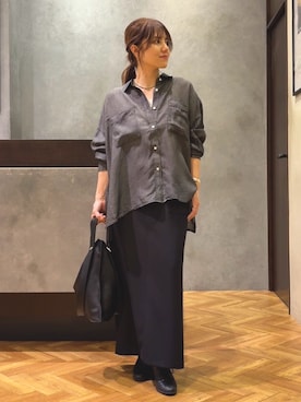 「Jena espace merveilleux（ジェナ　エスパスメルヴェイユ）の【程よい抜け感】シアーデニムシャツ（シャツ/ブラウス、ブラック系）」を使った、monchankhさん（レディース・149cm）の春コーディネート