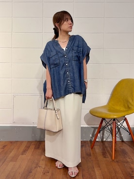 「Jena espace merveilleux(ジェナ エスパスメルヴェイユ)の【サラサラ半袖デニム】テンセルフレンチシャツ(シャツ/ブラウス、ブルー系)」を使った、monchankhさん(レディース・149cm)の夏コーディネート