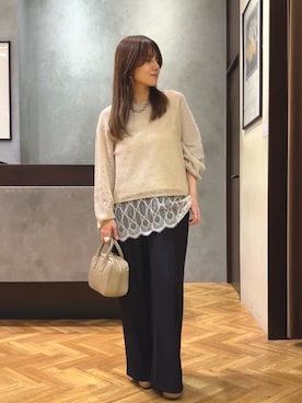 「Jena espace merveilleux（ジェナ　エスパスメルヴェイユ）のペーパーヤーンルーズニット（ニット/セーター、ベージュ系）」を使った、monchankhさん（レディース・149cm）の春コーディネート