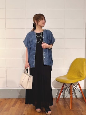 「Jena espace merveilleux(ジェナ エスパスメルヴェイユ)の【サラサラ半袖デニム】テンセルフレンチシャツ(シャツ/ブラウス、ブルー系)」を使った、monchankhさん(レディース・149cm)の夏コーディネート