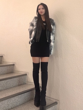 「アイテム（ライダースジャケット）」を使った、miyuさん（レディース・160cm）の冬コーディネート