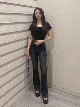 「GYDA（ジェイダ）のBooster Bra top（ブラジャー、ブラック系）」を使った、miyuさん（レディース・161cm）の春コーディネート