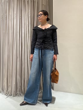 「GALLARDAGALANTE（ガリャルダガランテ）のオフショルブラウス（シャツ/ブラウス、ブラック系）」を使った、ggmichiiさん（レディース・168cm）の夏コーディネート
