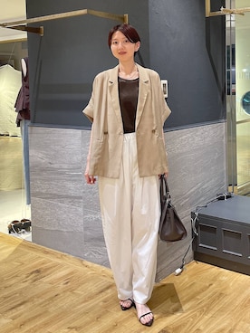 「A part by（アパートバイ）のアセテートリネン半袖ジャケット（テーラードジャケット、イエロー系）」を使った、apartby32さん（レディース・168cm）の夏コーディネート
