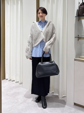 「A part by（アパートバイ）の【LA FINE BOUCHEコラボ】ストライプシャツ（シャツ/ブラウス、ブルー系）」を使った、apartby32さん（レディース・168cm）の秋コーディネート