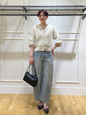 「A part by（アパートバイ）のアイレットアミショートカーディガン（カーディガン/ボレロ、ホワイト系）」を使った、apartby32さん（レディース・168cm）の春コーディネート