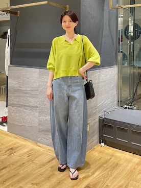 「A part by（アパートバイ）のApbコクーンデニムパンツ≪追加3≫（牛仔裤、ブルー系）」を使った、apartby32さん（レディース・168cm）の春コーディネート
