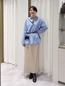 「A part by（アパートバイ）の【LA FINE BOUCHEコラボ】ストライプシャツ（シャツ/ブラウス、ブルー系）」を使った、apartby32さん（レディース・168cm）の秋コーディネート