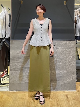 「A part by（アパートバイ）のブークレペプラムニットノースリーブ（ベスト、ブラック系）」を使った、apartby32さん（レディース・168cm）の夏コーディネート