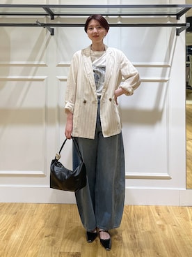 「A part by（アパートバイ）のApbコクーンデニムパンツ≪追加3≫（デニムパンツ、ブルー系）」を使った、apartby32さん（レディース・168cm）の春コーディネート