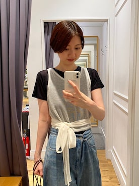 「A part by（アパートバイ）のリネンカシュクールニット（ベスト、ホワイト系）」を使った、apartby32さん（レディース・168cm）の夏コーディネート