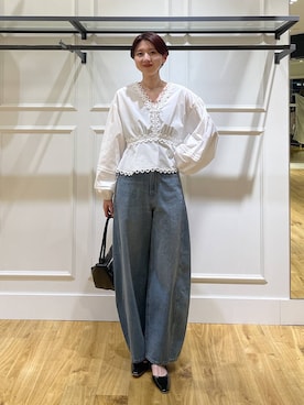 「A part by（アパートバイ）のApbコクーンデニムパンツ≪追加3≫（デニムパンツ、ブルー系）」を使った、apartby32さん（レディース・168cm）の春コーディネート