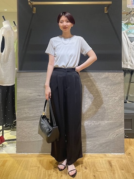 「A part by（アパートバイ）のイージーストレートパンツ（スラックス、ブラック系）」を使った、apartby32さん（レディース・168cm）の夏コーディネート
