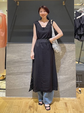 「A part by（アパートバイ）のApbコクーンデニムパンツ≪追加3≫（デニムパンツ、ブルー系）」を使った、apartby32さん（レディース・168cm）の夏コーディネート