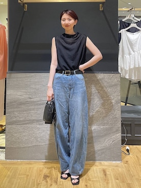 「A part by（アパートバイ）のApbコクーンデニムパンツ≪追加3≫（デニムパンツ、ブルー系）」を使った、apartby32さん（レディース・168cm）の夏コーディネート
