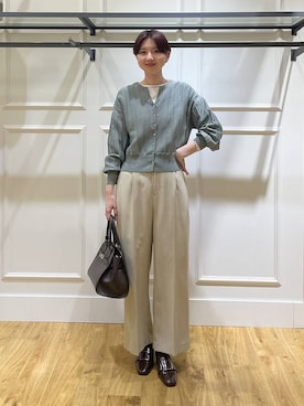 「A part by（アパートバイ）のアイレットアミショートカーディガン（カーディガン/ボレロ、グリーン系）」を使った、apartby32さん（レディース・168cm）の春コーディネート