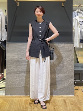 「A part by（アパートバイ）のダブルストラップミュール（パンプス、ブラック系）」を使った、apartby32さん（レディース・168cm）の夏コーディネート