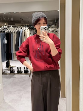 「A part by（アパートバイ）の【LA FINE BOUCHEコラボ】ロゴショートスウェット（スウェット、レッド系）」を使った、apartby32さん（レディース・168cm）の秋コーディネート
