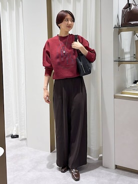 「A part by（アパートバイ）の【LA FINE BOUCHEコラボ】ロゴショートスウェット（スウェット、レッド系）」を使った、apartby32さん（レディース・168cm）の秋コーディネート