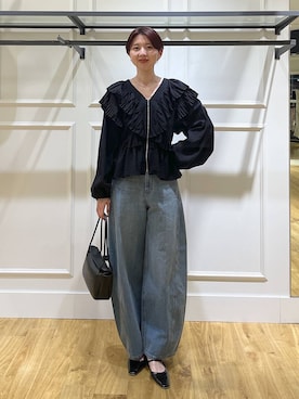 「A part by（アパートバイ）のApbコクーンデニムパンツ≪追加3≫（デニムパンツ、ブルー系）」を使った、apartby32さん（レディース・168cm）の春コーディネート