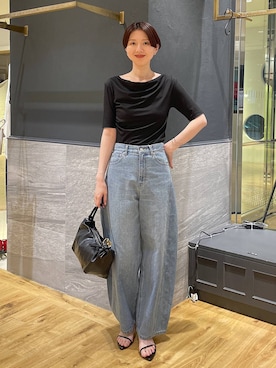 「A part by（アパートバイ）のApbコクーンデニムパンツ≪追加3≫（牛仔裤、ブルー系）」を使った、apartby32さん（レディース・168cm）の春コーディネート