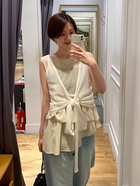 「A part by（アパートバイ）のリネンカシュクールニット（ベスト、ホワイト系）」を使った、apartby32さん（レディース・168cm）の夏コーディネート