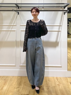 「A part by（アパートバイ）のApbコクーンデニムパンツ≪追加3≫（デニムパンツ、ブルー系）」を使った、apartby32さん（レディース・168cm）の春コーディネート