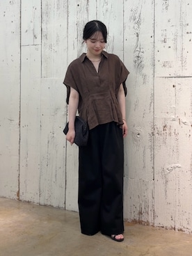 「GALLARDAGALANTE（ガリャルダガランテ）の【快適パンツ】【セットアップ対応】ジャージー2タックパンツ（その他パンツ、ブラック系）」を使った、saenoさん（レディース・155cm）の夏コーディネート