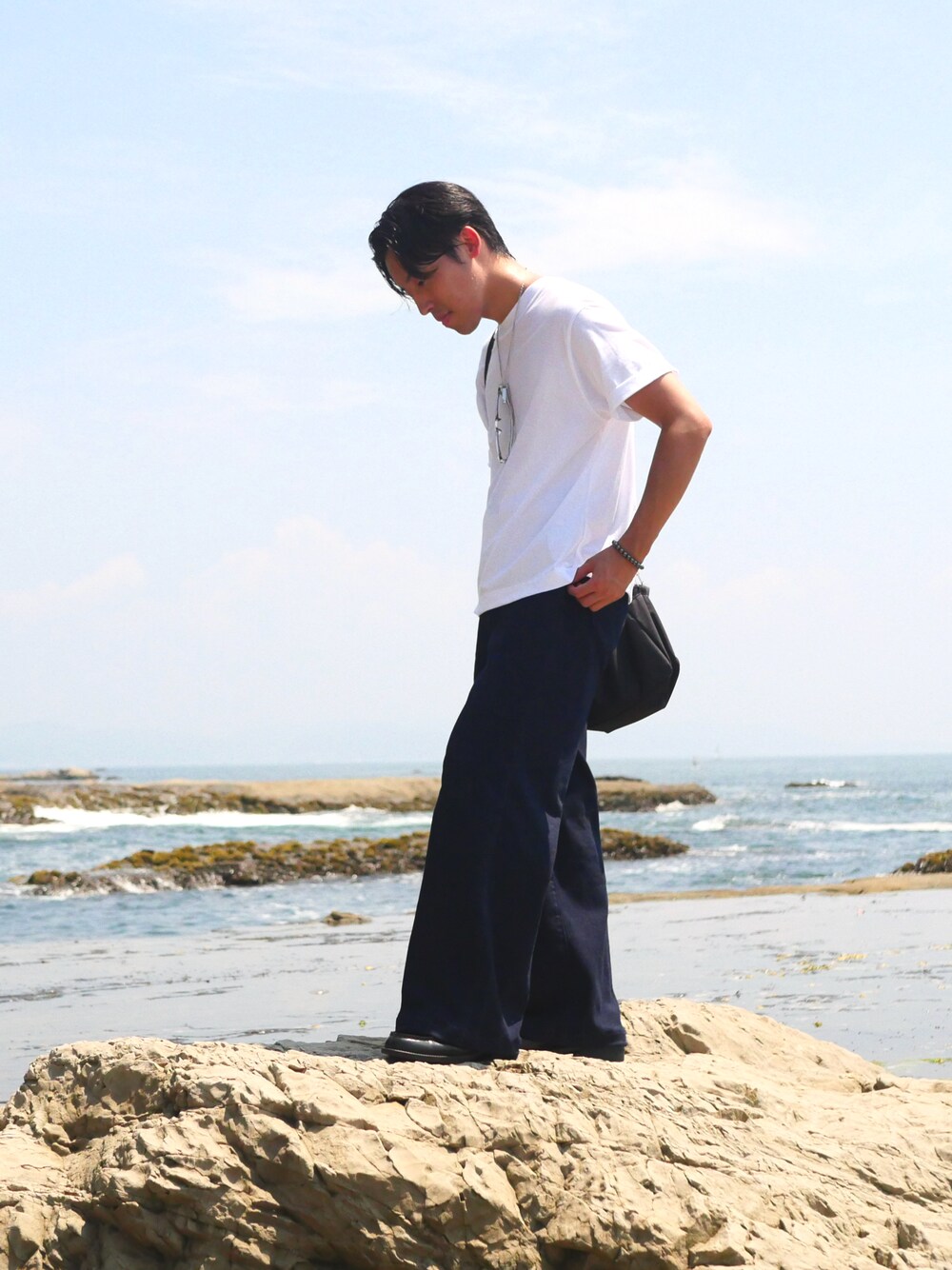 「無印良品の婦人　天竺編みクルーネック半袖Ｔシャツ（Tシャツ/カットソー、ホワイト系）」を使った、たいせいさん（メンズ・164cm）の夏コーディネートの1枚目の写真
