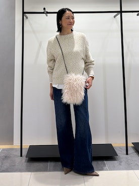 「INDIVI（インディヴィ）の【コットン混／ミックスカラー】カールヤーン パフスリーブニット（ニット/セーター、ホワイト系）」を使った、shihoさん（レディース・161cm）の秋コーディネート