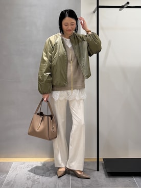 「UNTITLED（アンタイトル）の【軽アウター/中綿/秋冬コート】ショートブルゾン（ブルゾン、グリーン系）」を使った、shihoさん（レディース・161cm）の秋コーディネート