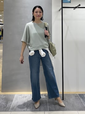 「INDIVI（インディヴィ）の【洗える／2WAY／裾ドロスト付き】 ドルマンスリーブチュニックトップス（Tシャツ/カットソー、グリーン系）」を使った、shihoさん（レディース・161cm）の夏コーディネート