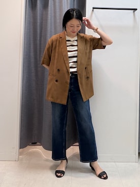 「INDIVI（インディヴィ）の【洗える／メッシュ素材／SETUP可能】半袖シアージャケット（テーラードジャケット、イエロー系）」を使った、shihoさん（レディース・161cm）の夏コーディネート