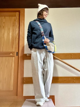 「アイテム（ニットキャップ/ビーニー、ホワイト系）」を使った、youさん（レディース・158cm）の秋コーディネート