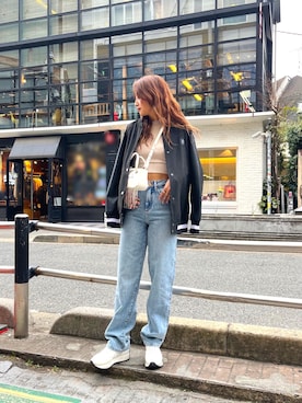 「ARMANI EXCHANGE（アルマーニエクスチェンジ）の【A|X アルマーニ エクスチェンジ】ライトブルーデニムパンツ_J90 STRAIGHT（デニムパンツ、ブルー系）」を使った、Fuji☺︎Kさん（レディース・154cm）の春コーディネート