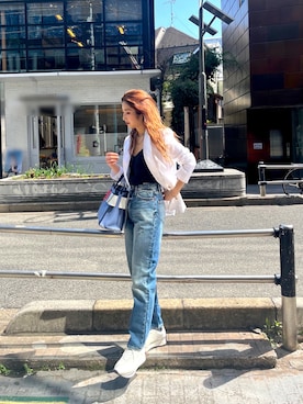 「ARMANI EXCHANGE（アルマーニエクスチェンジ）の【A|Xアルマーニ エクスチェンジ】サテンキャミソール（キャミソール、ブラック系）」を使った、Fuji☺︎Kさん（レディース・154cm）の春コーディネート