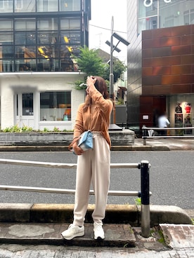 「ARMANI EXCHANGE（アルマーニエクスチェンジ）の【A|X アルマーニ エクスチェンジ】リネン混ニットシャツ（シャツ/ブラウス、ホワイト系）」を使った、Fuji☺︎Kさん（レディース・154cm）の春コーディネート