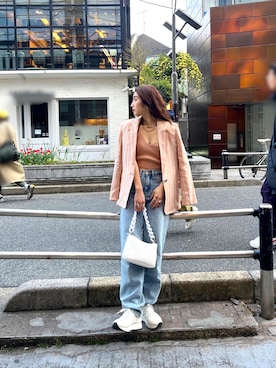 「ARMANI EXCHANGE（アルマーニエクスチェンジ）の【A|X アルマーニ エクスチェンジ】ストライプリネンジャケット（テーラードジャケット、オレンジ系）」を使った、Fuji☺︎Kさん（レディース・154cm）の春コーディネート