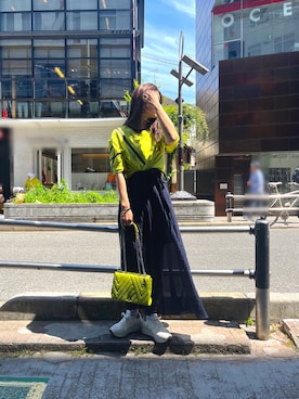 「ARMANI EXCHANGE（アルマーニエクスチェンジ）の【A|X アルマーニ エクスチェンジ】ビッグロゴ　半袖クルーネックスラブTシャツ/CROPPED（Tシャツ/カットソー、グリーン系）」を使った、Fuji☺︎Kさん（レディース・154cm）の春コーディネート