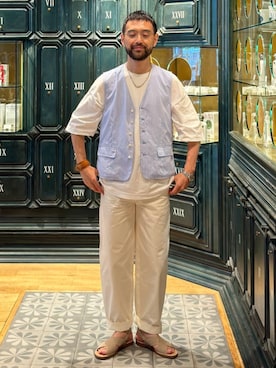 「ペインターパンツ」｜「アイテム（サンダル）」を使った、Mashio_TOMORROWLANDさん（メンズ・175cm）の夏コーディネート