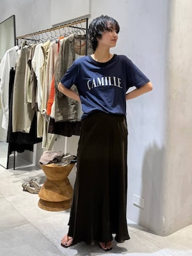 「BABYLONE（バビロン）のヴィンテージサテンスカート（スカート、ブラウン系）」を使った、のんさん（レディース・162cm）の夏コーディネート