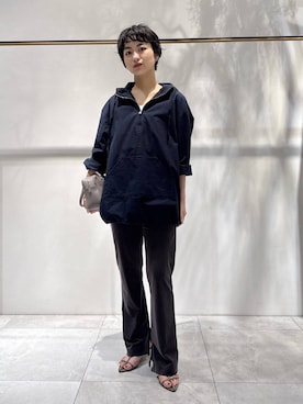 「BABYLONE（バビロン）のフード付きシャツプルオーバー（パーカー、ブルー系）」を使った、のんさん（レディース・162cm）の春コーディネート