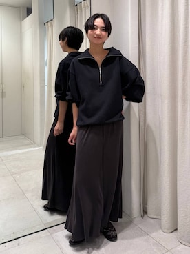 「BABYLONE（バビロン）のハーフZIPウラケプルオーバー（スウェット、ブルー系）」を使った、のんさん（レディース・162cm）の秋コーディネート