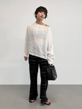「BABYLONE（バビロン）のリネンボートネックブラウス（シャツ/ブラウス、ホワイト系）」を使った、のんさん（レディース・162cm）の春コーディネート