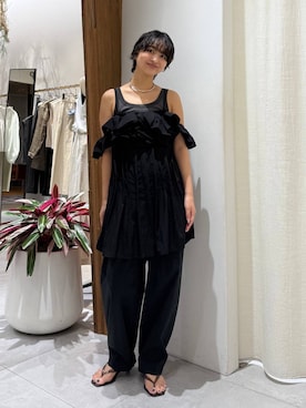 「BABYLONE（バビロン）のチュールリブタンクトップ（タンクトップ、グレー系）」を使った、のんさん（レディース・162cm）の夏コーディネート