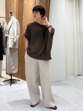 「BABYLONE（バビロン）の【新色予約】ペーパーフレンチ袖プルオーバー（Tシャツ/カットソー、ブラウン系）」を使った、のんさん（レディース・162cm）の春コーディネート